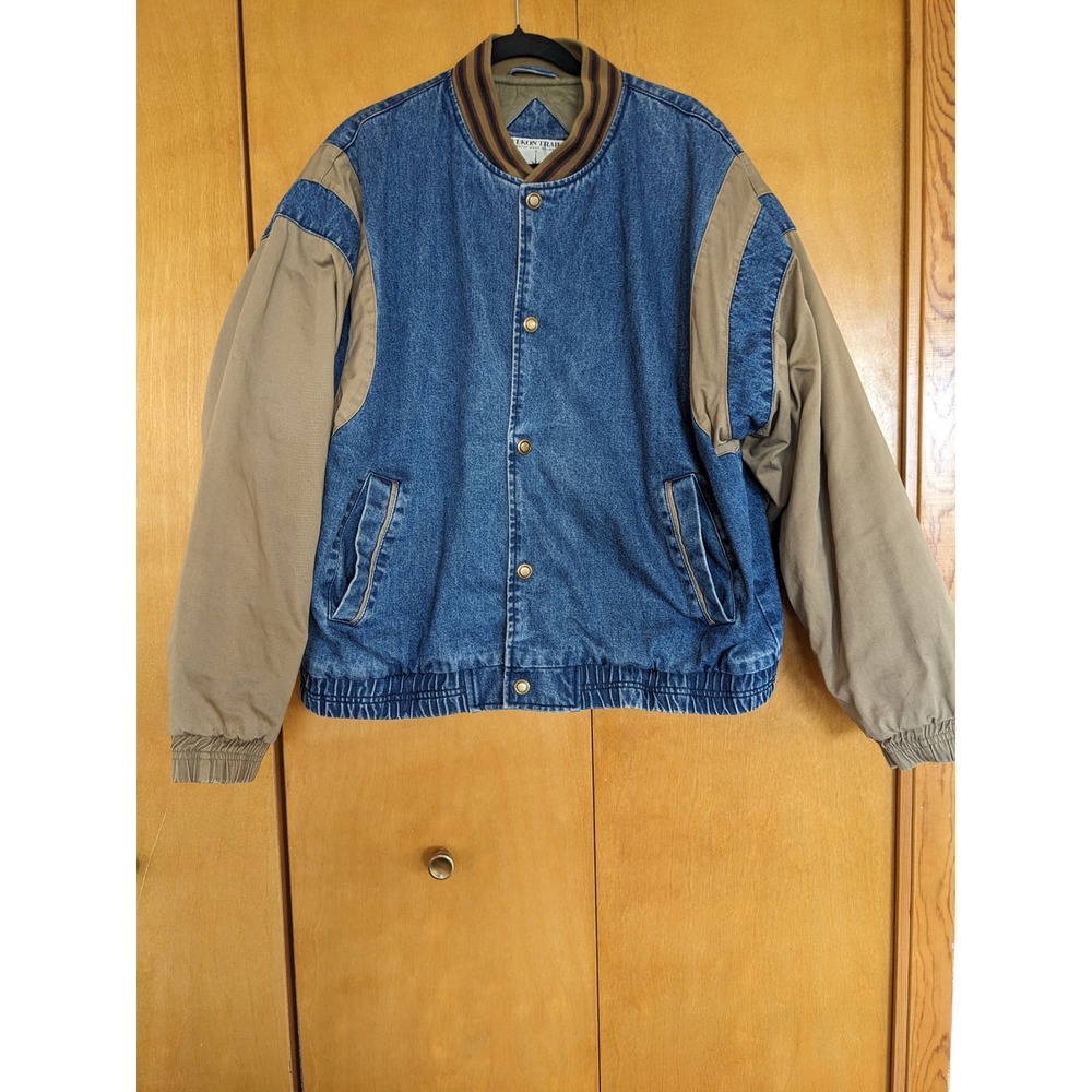 Vintage90s Yukon Trail Denim Varsity BomberJacket XL TwoTone Tan Sleeve Gorpcore